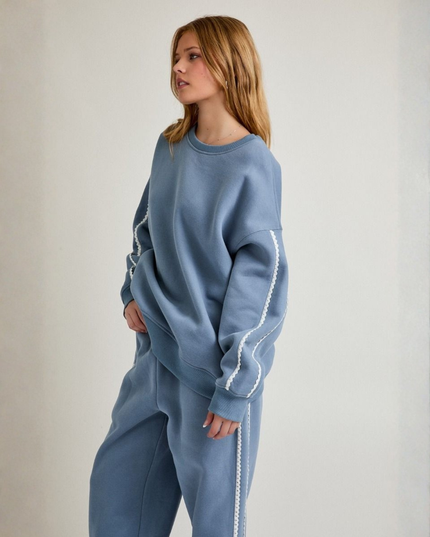 Dusty Blue Lace Trim Sweatshirt – Effortless Cool Meets Soft Street Style