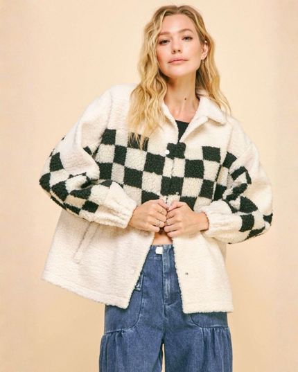 Checkered Sherpa Jacket – Black & White Fuzzy Oversized Streetwear Coat