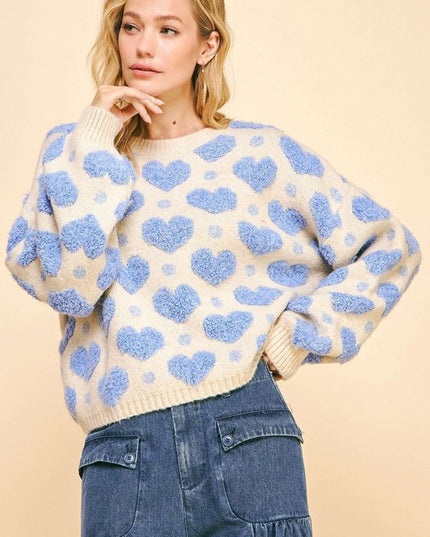 Textured Heart Loose Fit Long Sleeve Knit Sweater