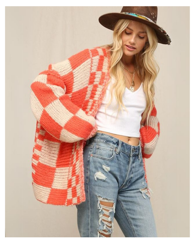 Cozy Oversized Checkered Knit Cardigan for Women