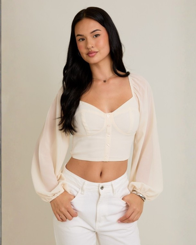 Chiffon Corset Crop Top with Puff Sleeves