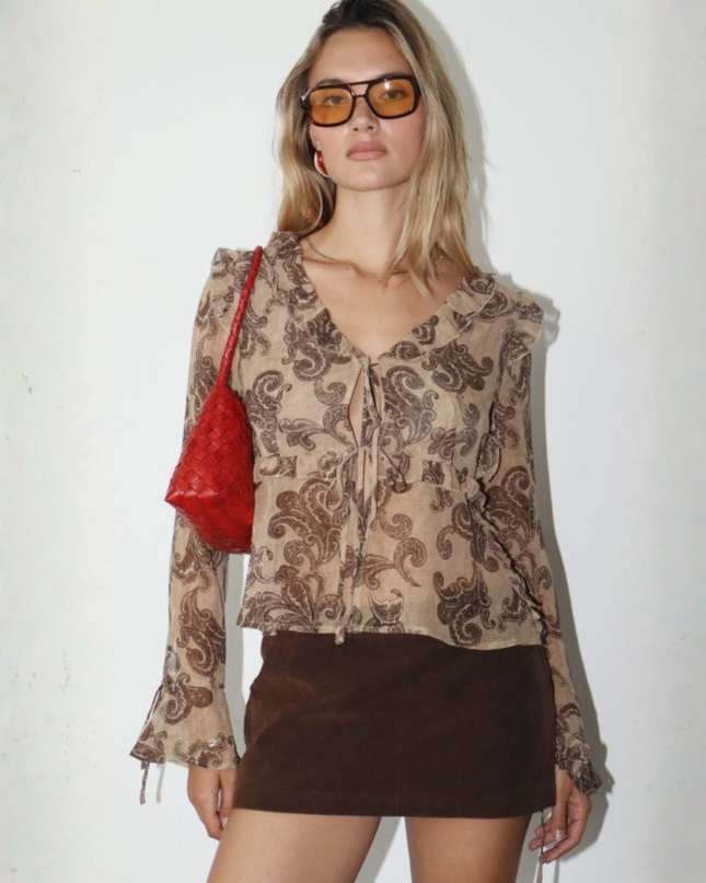 Paisley Tie-Front Ruffle Blouse – Vintage Tan