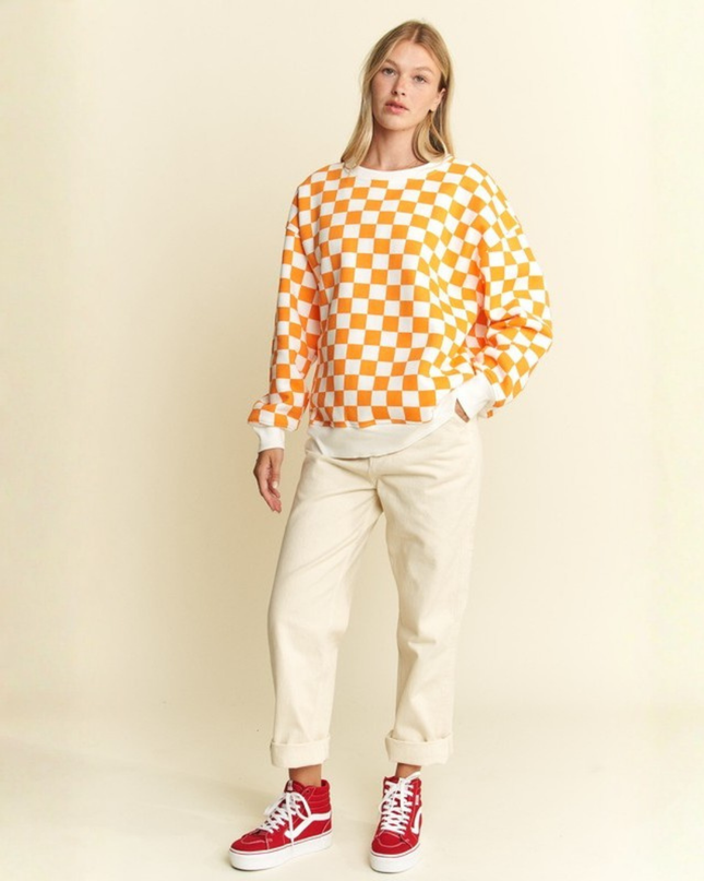 Oversized Checkered Sweatshirt – Geometric Chess Print Crewneck (Orange/White) | Trendy Streetwear Pullovers