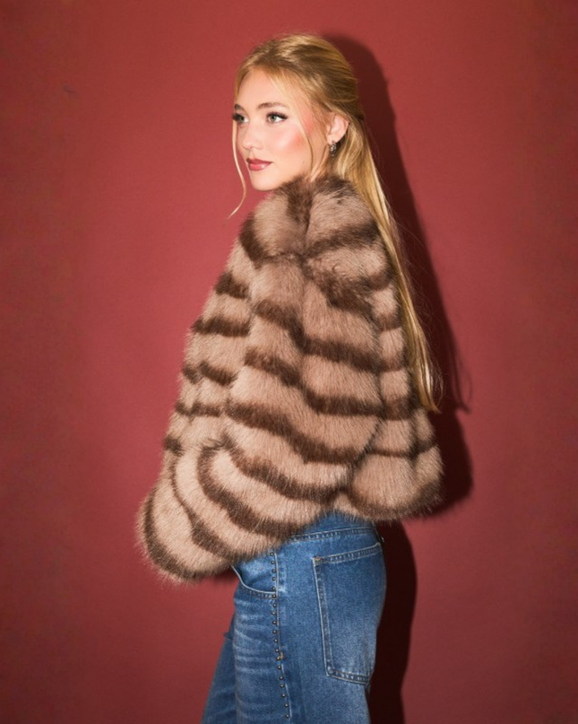 Faux Fur Crop Coat – Mocha Brown Stripe