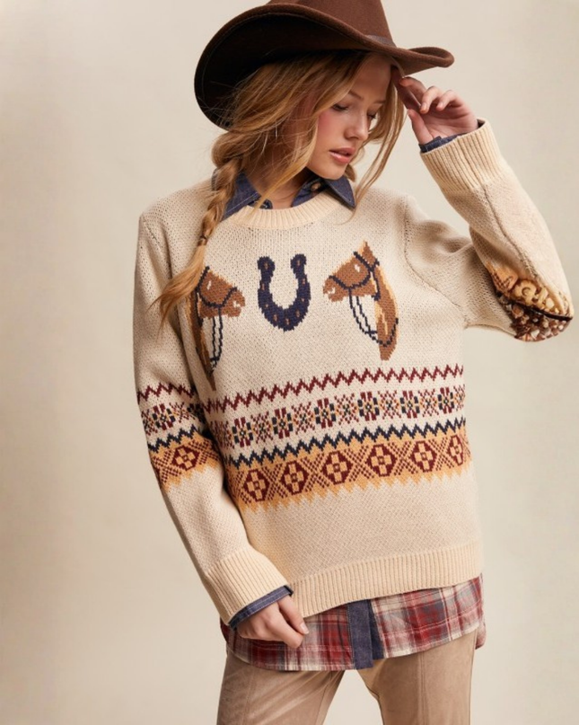 Western Horseshoe Sweater – Retro Cowboy Knit in Ecru