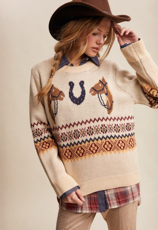 Western Horseshoe Sweater – Retro Cowboy Knit in Ecru