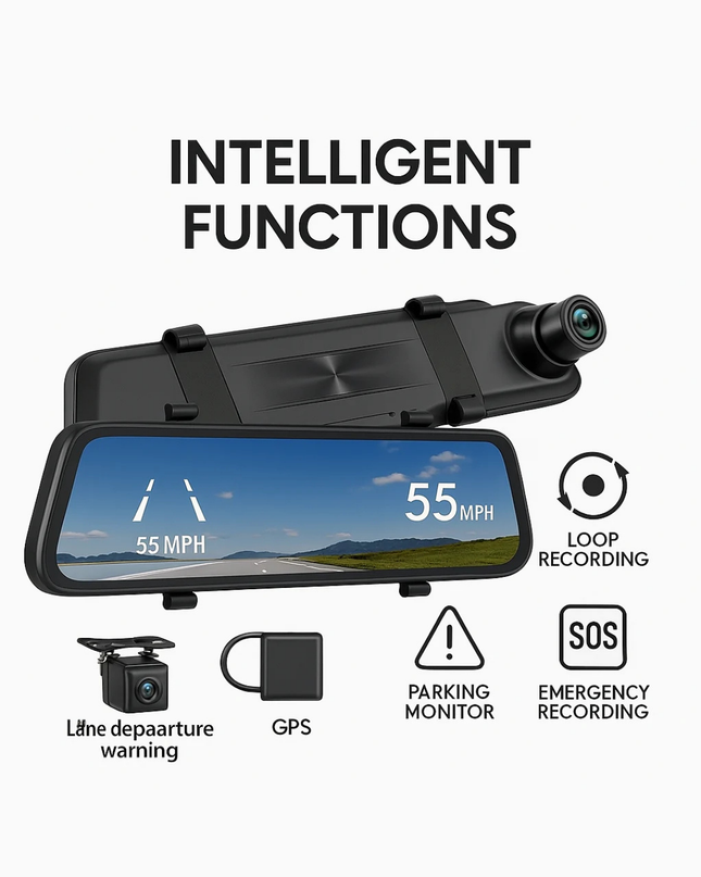 Smart  Mirror with Front & Rear Camera, 2.5K Touchscreen, GPS & 16GB SD Card