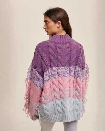 Colorblock Fringe Cable Knit Sweater