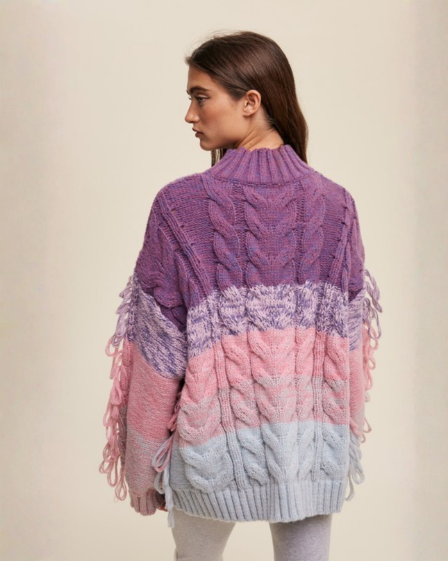 Colorblock Fringe Cable Knit Sweater