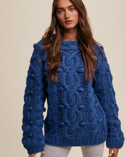 Chunky Cable Knit Sweater in Teal – Textured Oversized Cozy Statement Knit
