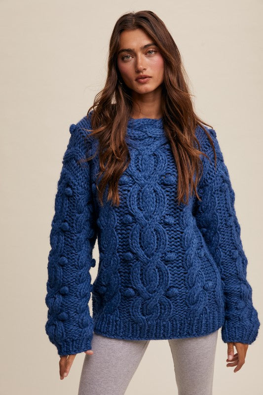 Chunky Cable Knit Sweater in Teal – Textured Oversized Cozy Statement Knit
