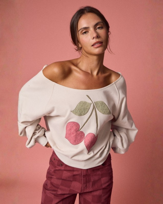 Cute Off-Shoulder Cherry Embroidered Pullover – Cozy Girl Style