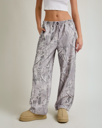 Grey Tree Camo Wide Leg Sweatpants – Mid Rise Relaxed Fit Joggers with Streetwear Vibe
