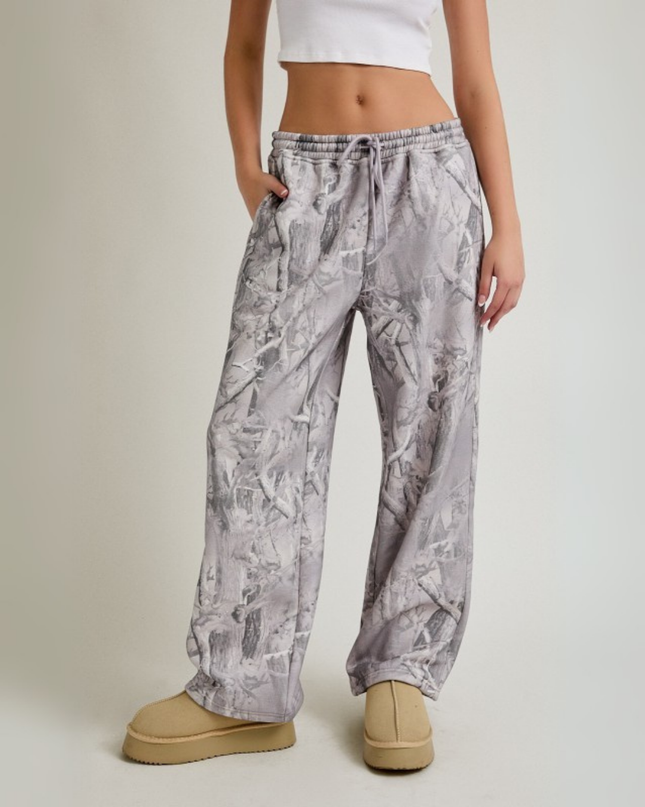 Grey Tree Camo Wide Leg Sweatpants – Mid Rise Relaxed Fit Joggers with Streetwear Vibe