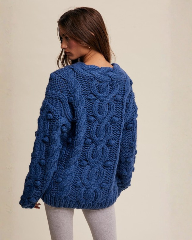 Chunky Cable Knit Sweater in Teal – Textured Oversized Cozy Statement Knit