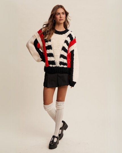 V-striped Chunky Knit Handmade Sweater