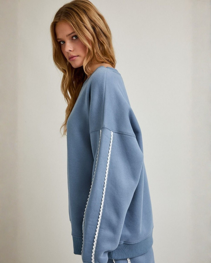 Dusty Blue Lace Trim Sweatshirt – Effortless Cool Meets Soft Street Style