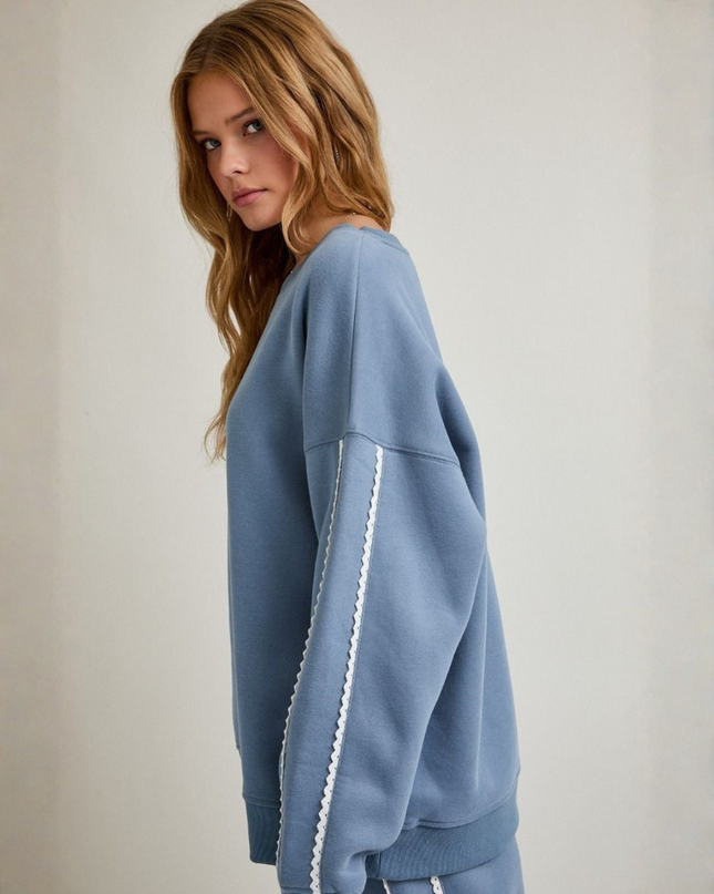 Dusty Blue Lace Trim Sweatshirt – Effortless Cool Meets Soft Street Style