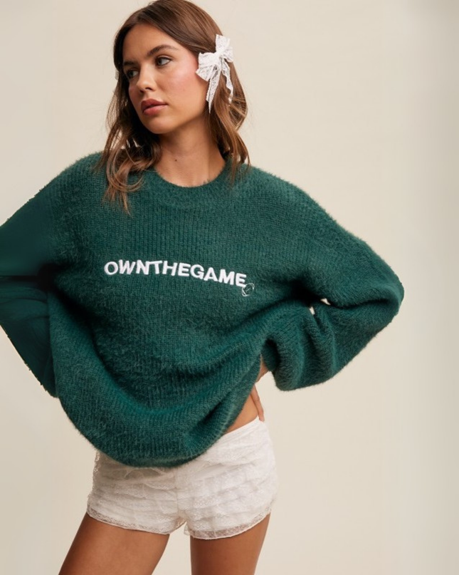 Own The Game” Fuzzy Oversized Knit Sweater