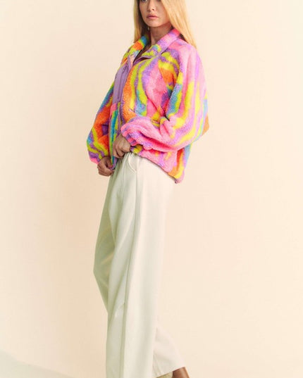 Fuzzy Multi Color Textured Zipper Pocket Jacket
