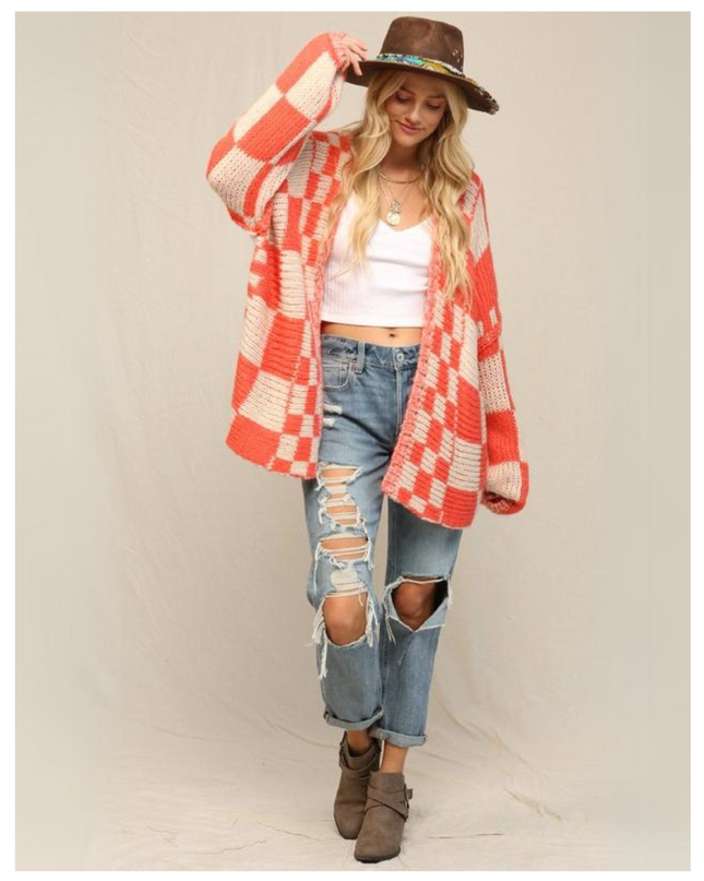 Cozy Oversized Checkered Knit Cardigan for Women
