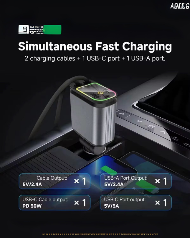 4 in 1 Car Charger with LED Ambient Light – Fast Charging PD 30W