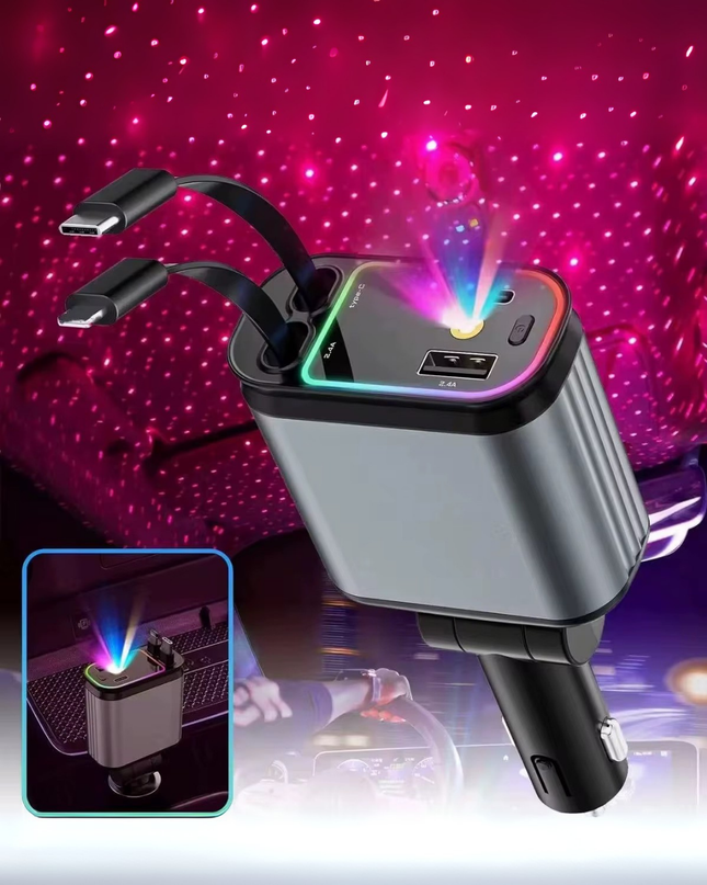 4 in 1 Car Charger with LED Ambient Light – Fast Charging PD 30W