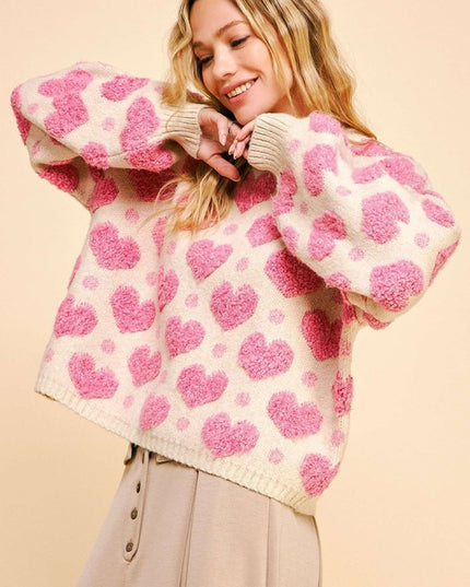 Textured Heart Loose Fit Long Sleeve Knit Sweater