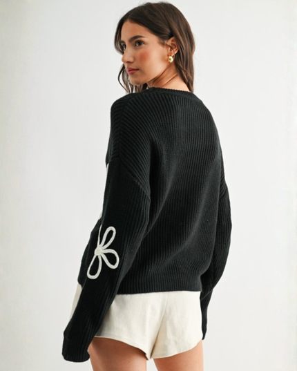 Flower Loop Knit Sweater – Oversized Black Daisy Pullover
