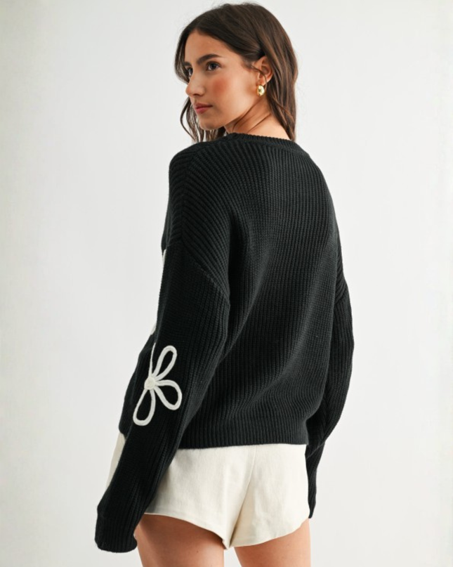 Flower Loop Knit Sweater – Oversized Black Daisy Pullover