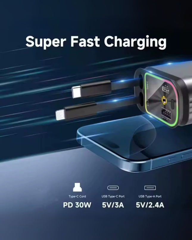4 in 1 Car Charger with LED Ambient Light – Fast Charging PD 30W