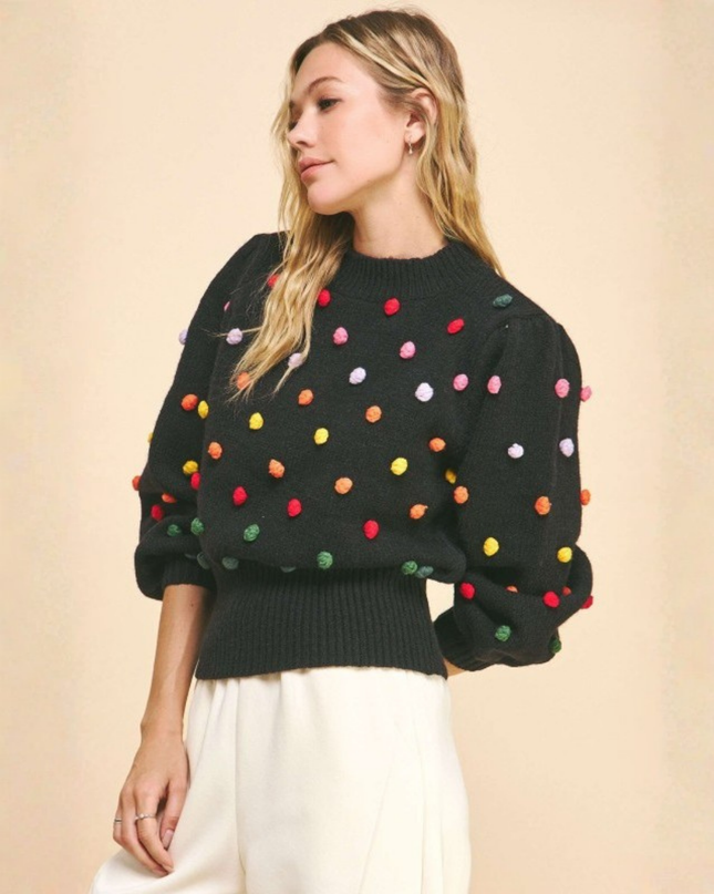 Black Knit Polka Dot Pom Pom Sweater – Puff Sleeve Statement Knitwear