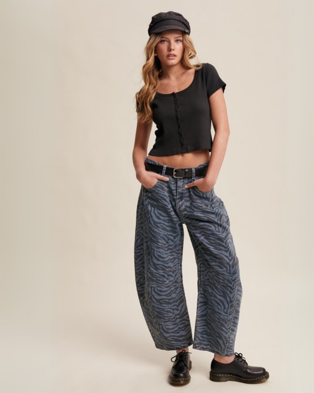Zebra Print Barrel Jeans – High-Waist Loose Fit Denim
