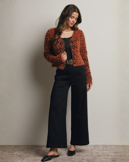 Leopard Print Fuzzy Cropped Cardigan – Button-Up Knit Sweater