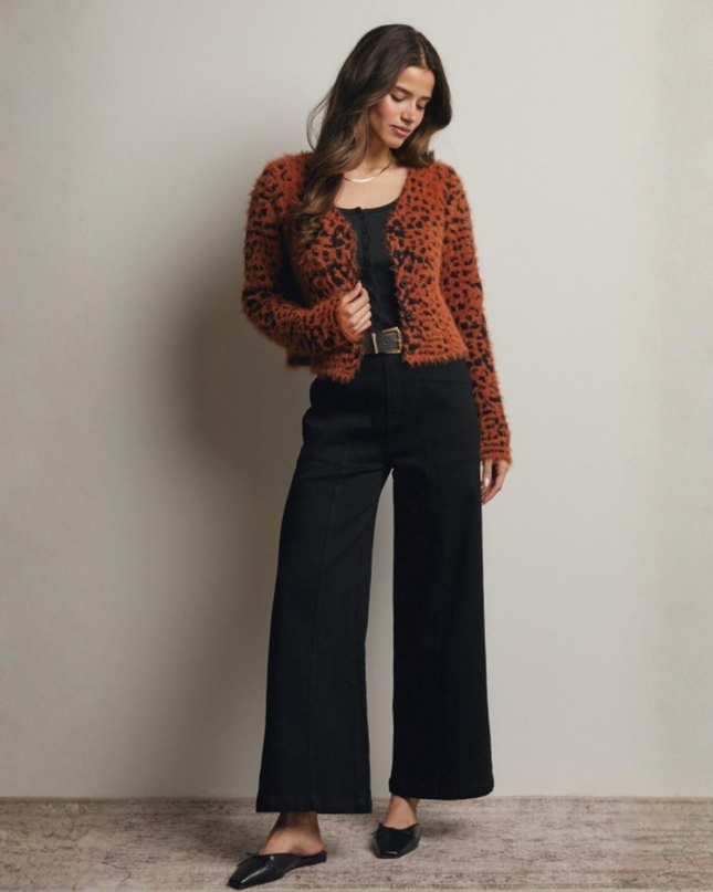 Leopard Print Fuzzy Cropped Cardigan – Button-Up Knit Sweater