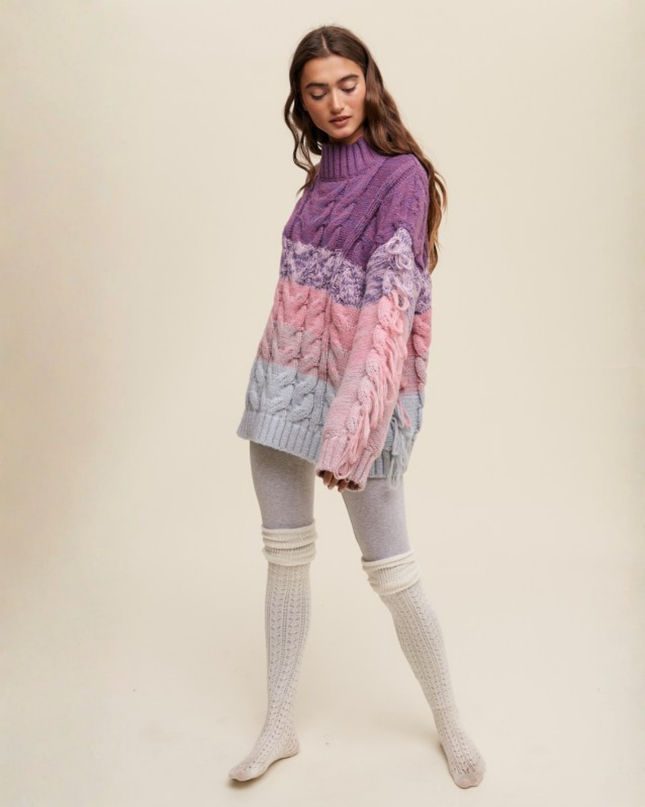 Colorblock Fringe Cable Knit Sweater
