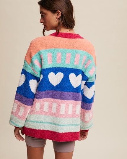 Multicolor Heart-Patterned Sweater – Cozy and Stylish Winter Fashion