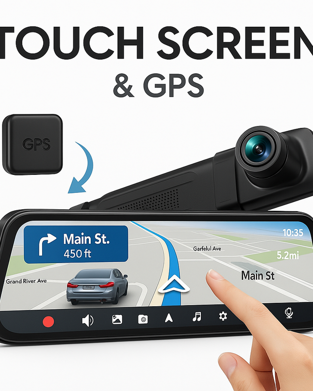 Smart Rearview Mirror with Front & Rear Camera, 2.5K Touchscreen, GPS & 32GB SD Card
