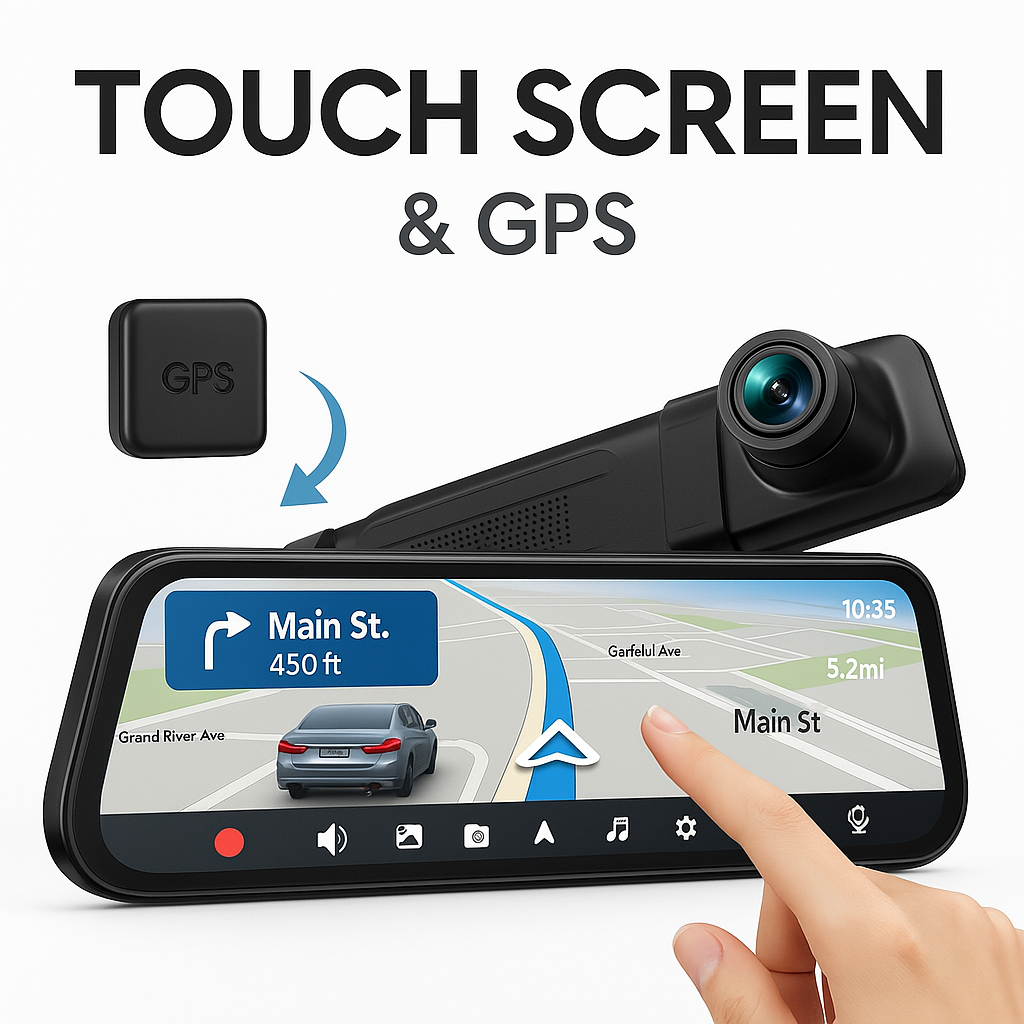 Smart Rearview Mirror with Front & Rear Camera, 2.5K Touchscreen, GPS & 32GB SD Card
