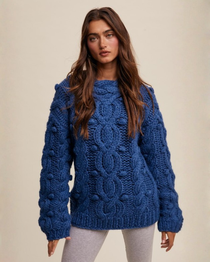 Chunky Cable Knit Sweater in Teal – Textured Oversized Cozy Statement Knit