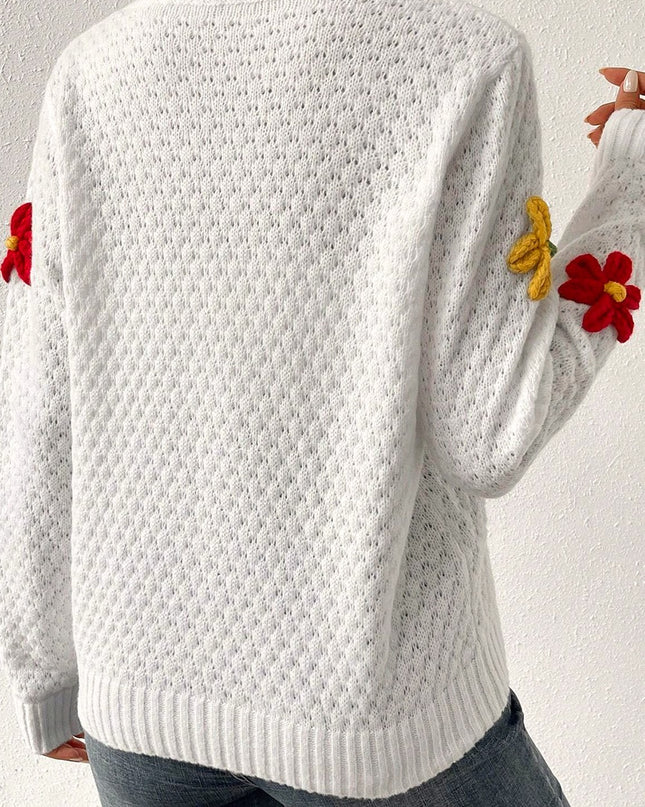 White Colorful Flower Applique Textured Knit Sweater – Playful and Elegant