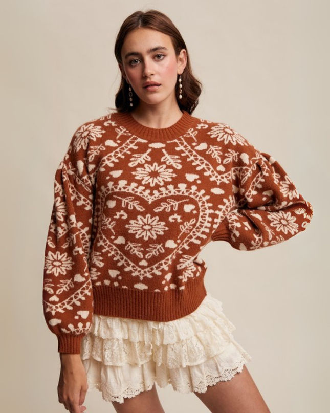 Heart & Floral Jacquard Relaxed Crew Neck Sweater