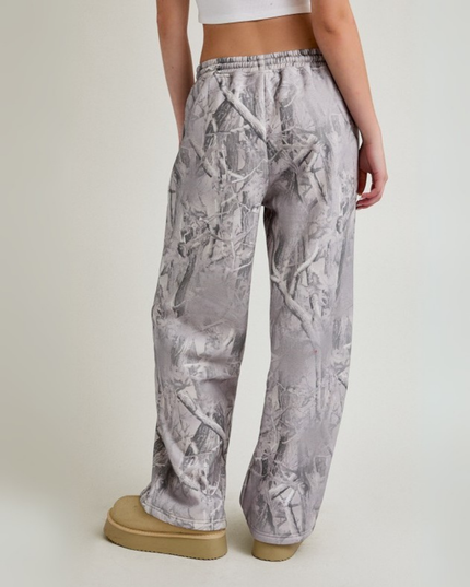 Grey Tree Camo Wide Leg Sweatpants – Mid Rise Relaxed Fit Joggers with Streetwear Vibe