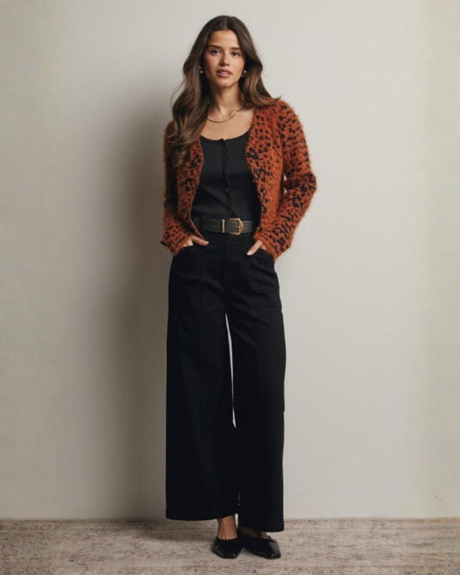 Leopard Print Fuzzy Cropped Cardigan – Button-Up Knit Sweater