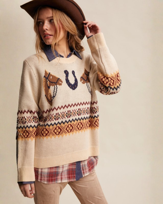 Western Horseshoe Sweater – Retro Cowboy Knit in Ecru