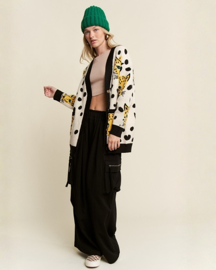 Leopard & Cheetah Graphic Knit Cardigan – Oversized Artsy Statement Sweater