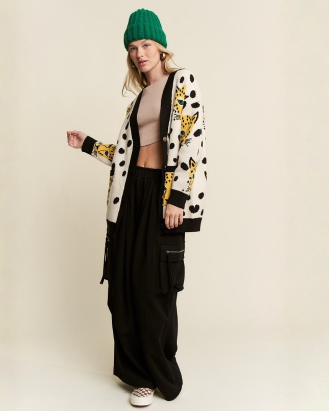 Leopard & Cheetah Graphic Knit Cardigan – Oversized Artsy Statement Sweater
