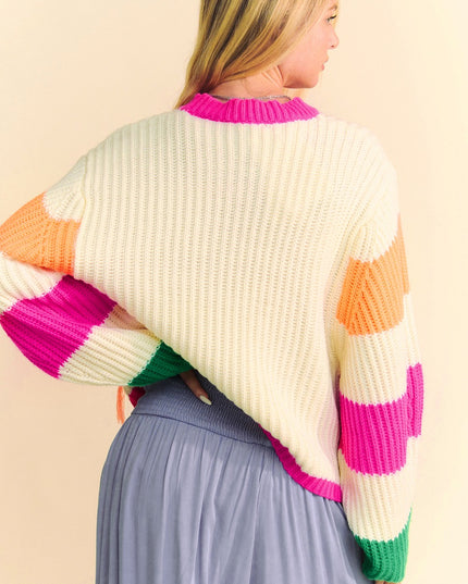 Beige Colorblock Flower Print Cable Knit Loose Sweater – Cozy and Chic