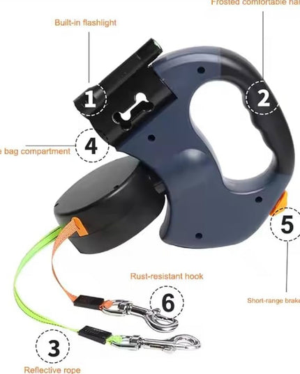 Correa retráctil doble para perros con linterna LED