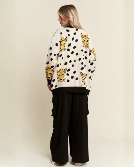 Leopard & Cheetah Graphic Knit Cardigan – Oversized Artsy Statement Sweater